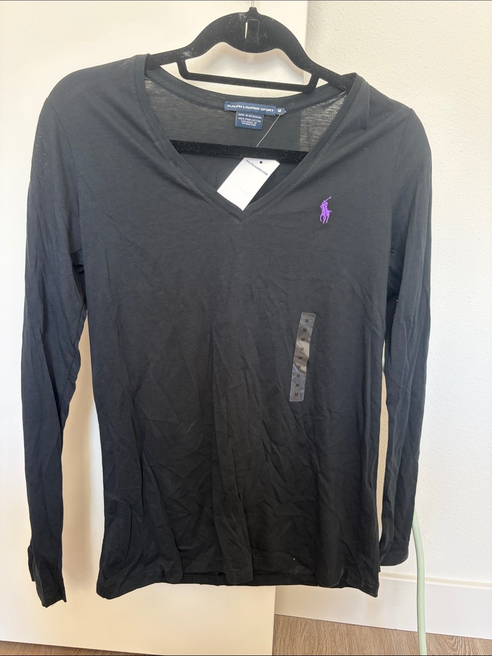 Ralph Lauren Black Long Sleeve V‑Neck Shirt with Purple Pony